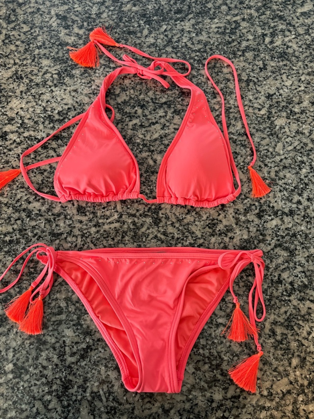 Vince Camuto Neon Coral Bikini with Tassel Accents